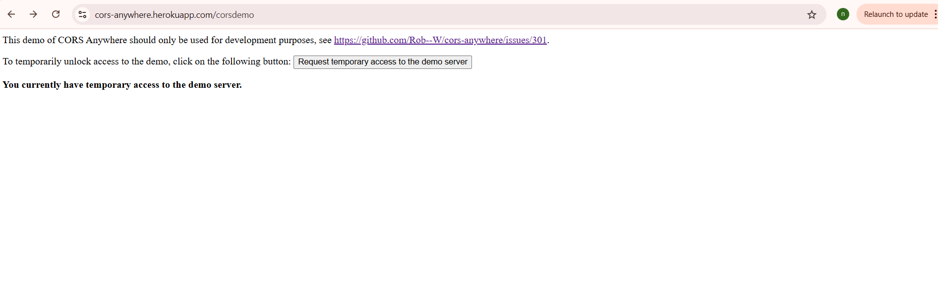 Screenshot showing steps you need to take to unlock access to CORS proxy