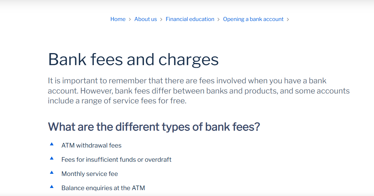 Screenshot showing fees displayed on secondary page